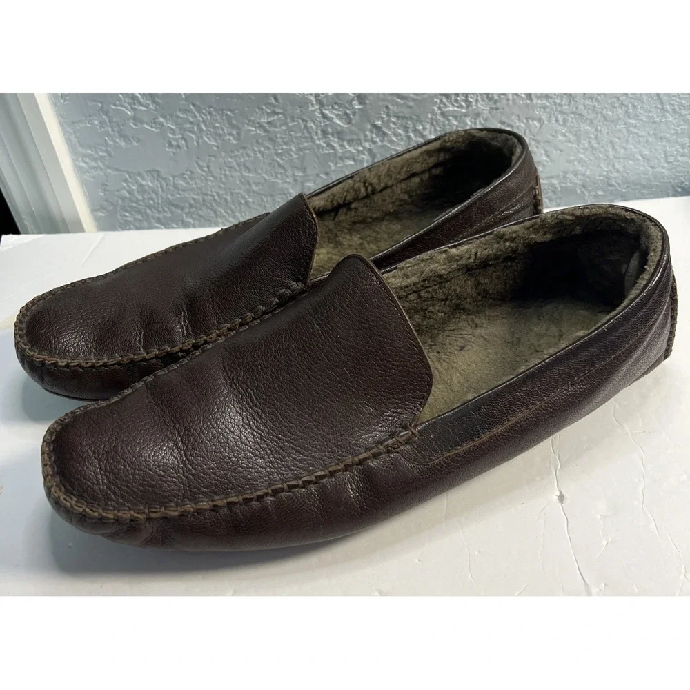 COLE HAAN Men's Driving Loafer Slip On Moccasins-13M Brown Leather Fur Lined